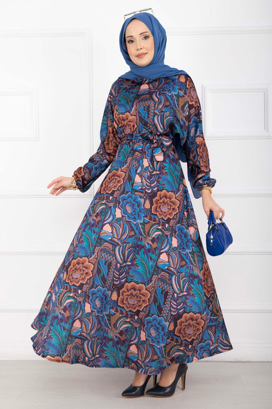 Robe voilée à ceinture motif floral indigo