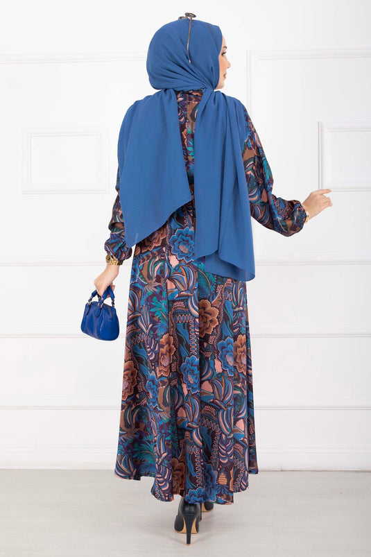 Robe voilée à ceinture motif floral indigo