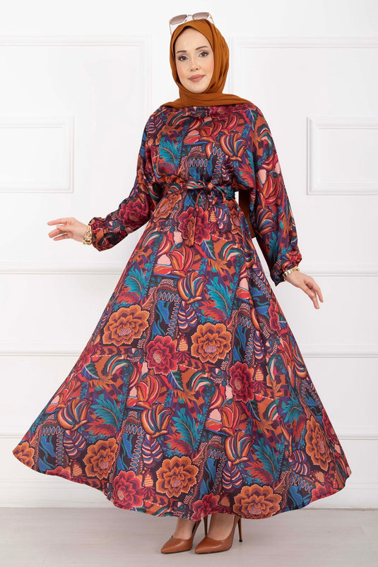Robe voilée ceinturée à motif floral couleur terre cuite