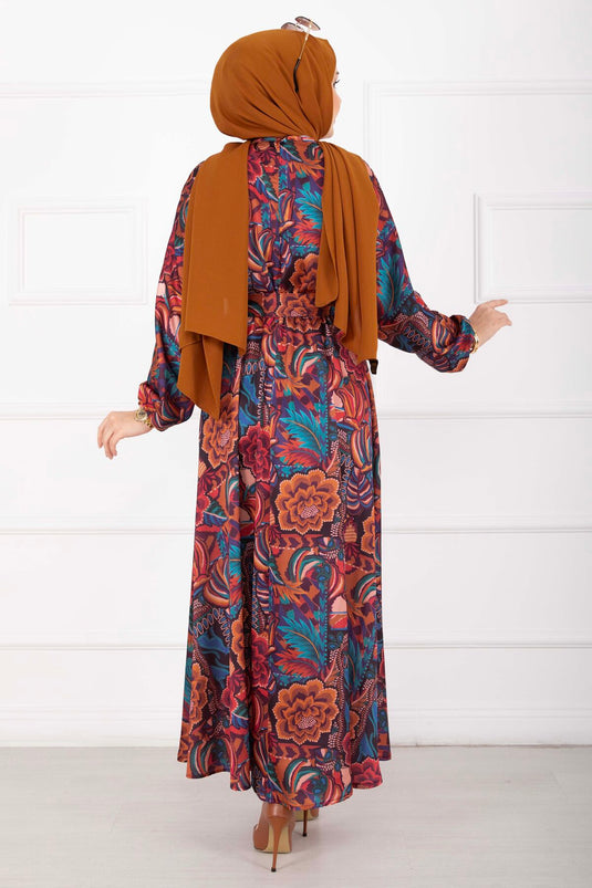 Robe voilée ceinturée à motif floral couleur terre cuite