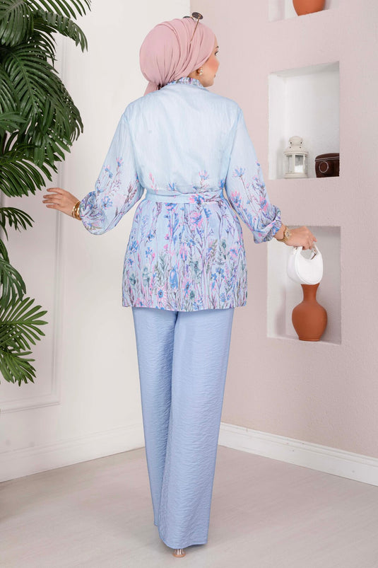 Çiçek Desen Kuşaklı Tunik Pantolon Takım Bebe Mavisi