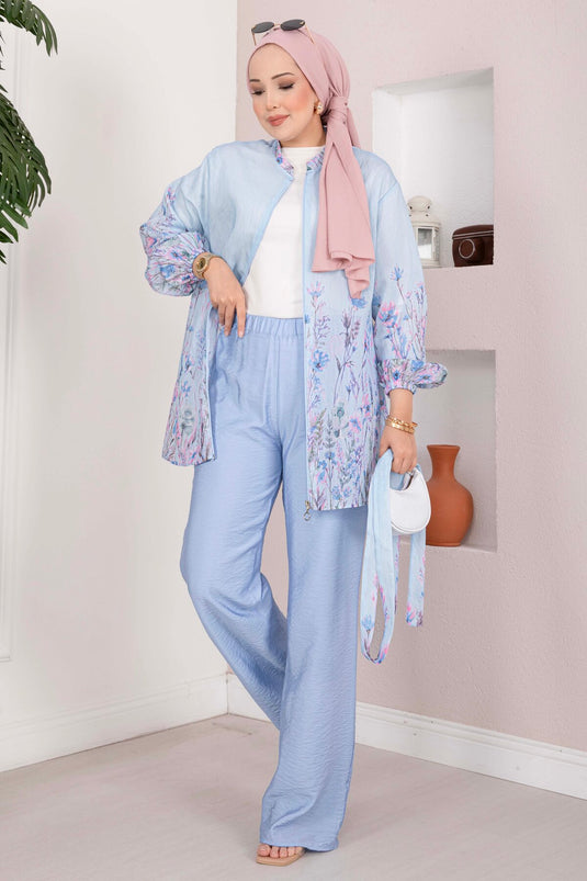 Çiçek Desen Kuşaklı Tunik Pantolon Takım Bebe Mavisi