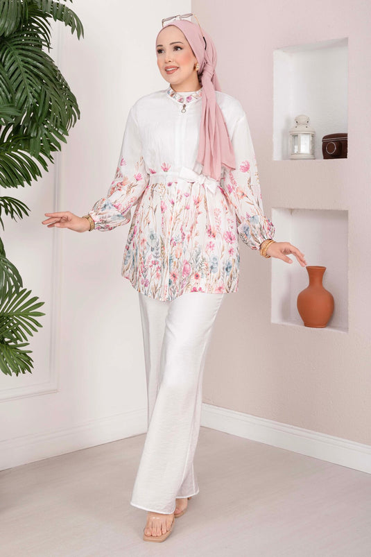 Çiçek Desen Kuşaklı Tunik Pantolon Takım Ekru