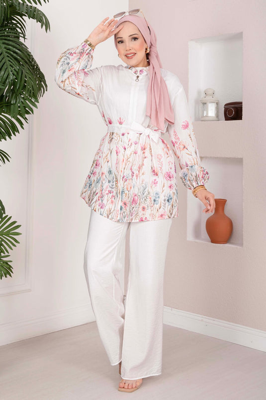 Çiçek Desen Kuşaklı Tunik Pantolon Takım Ekru