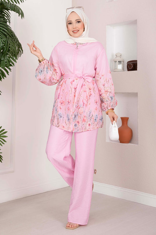 Çiçek Desen Kuşaklı Tunik Pantolon Takım Pembe