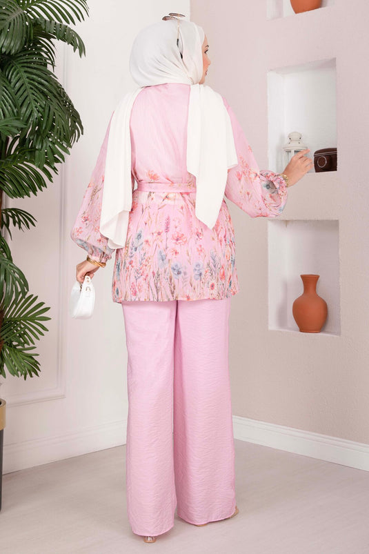 Çiçek Desen Kuşaklı Tunik Pantolon Takım Pembe