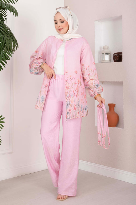 Çiçek Desen Kuşaklı Tunik Pantolon Takım Pembe