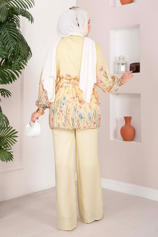 Çiçek Desen Kuşaklı Tunik Pantolon Takım Sarı