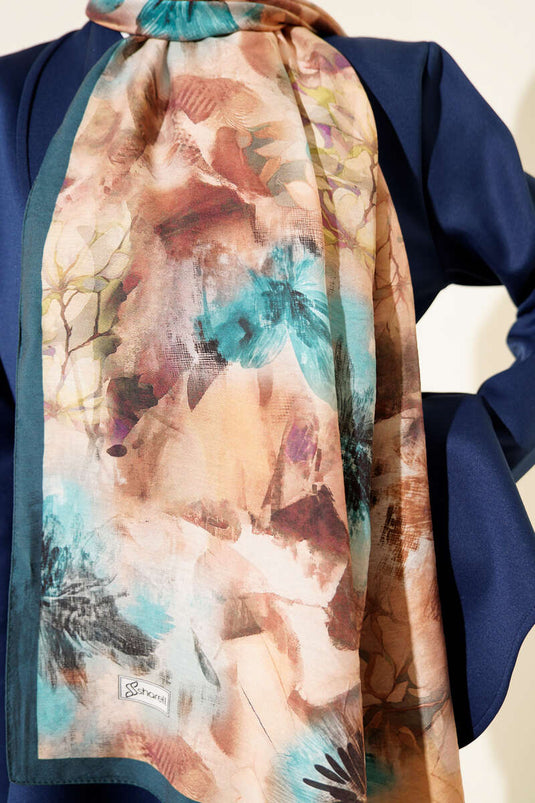 Floral Pattern Modal Scarf in Petrol Green