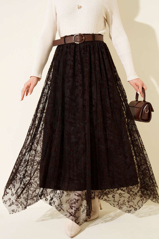 Çiçek Desen Tül Kemerli Etek Kahve