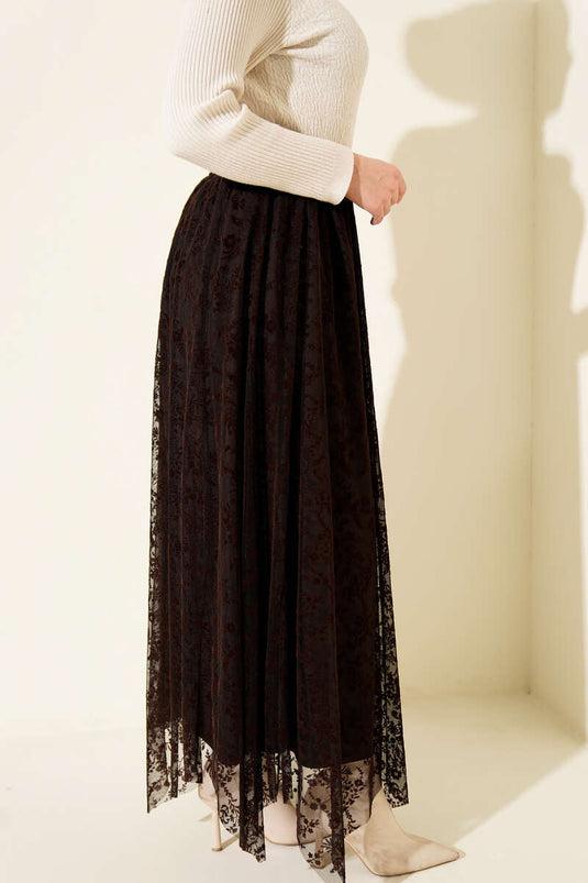 Çiçek Desen Tül Kemerli Etek Kahve