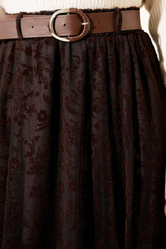 Çiçek Desen Tül Kemerli Etek Kahve