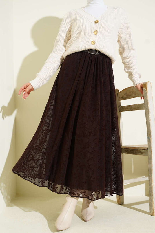 Jupe évasée en tulle à motif floral marron