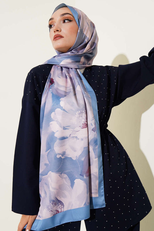 Floral Pattern Twill Scarf, Soft Blue
