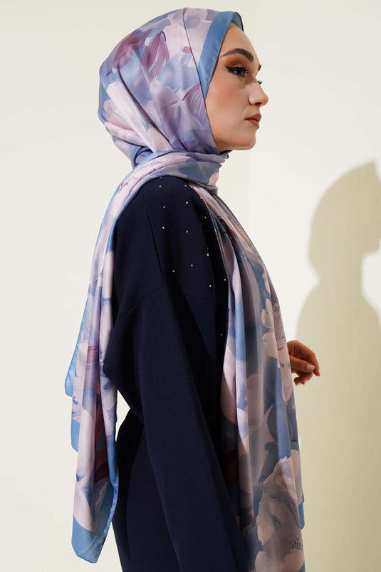 Floral Pattern Twill Scarf, Soft Blue