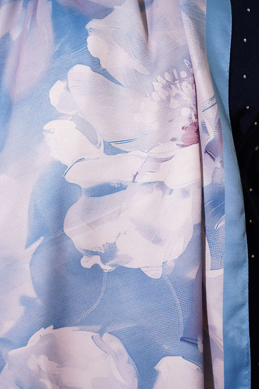 Floral Pattern Twill Scarf, Soft Blue