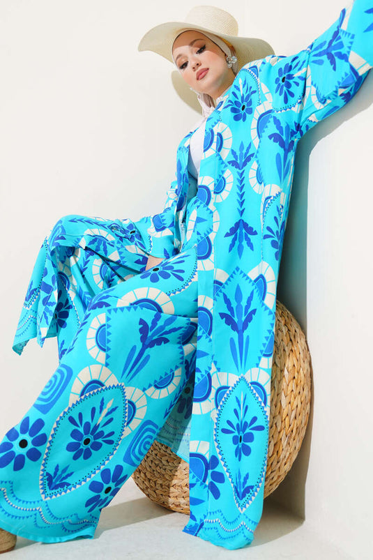Langer Kimono-Zweiteiler mit Blumenmuster in Türkis