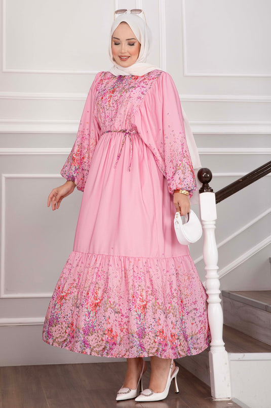 Çiçek Desen Yarım Düğmeli Elbise Pembe