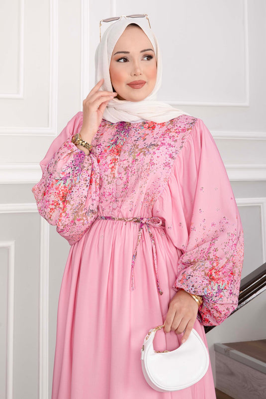 Çiçek Desen Yarım Düğmeli Elbise Pembe