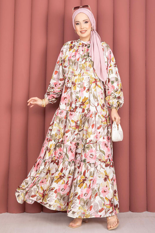 Çiçekpatroon Halflange Viscose Jurk Kaki