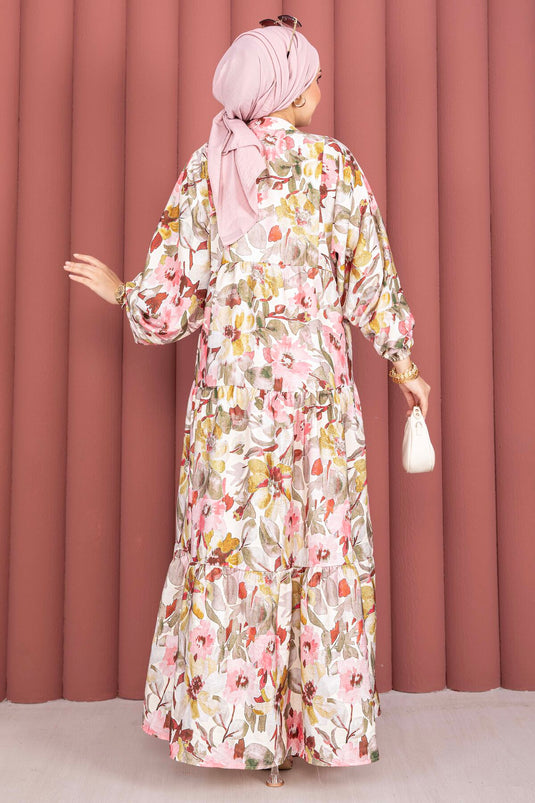 Çiçekpatroon Halflange Viscose Jurk Kaki