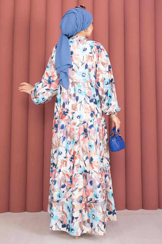 Viskosekleid mit Blumenmuster und halber Knopfleiste, Indigo