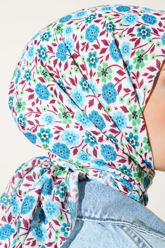 Çiçek Desenli Bambu Eşarp Turkuaz