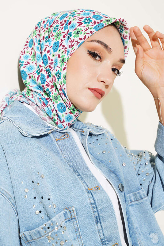 Çiçek Desenli Bambu Eşarp Turkuaz