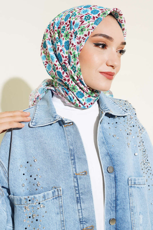 Çiçek Desenli Bambu Eşarp Turkuaz