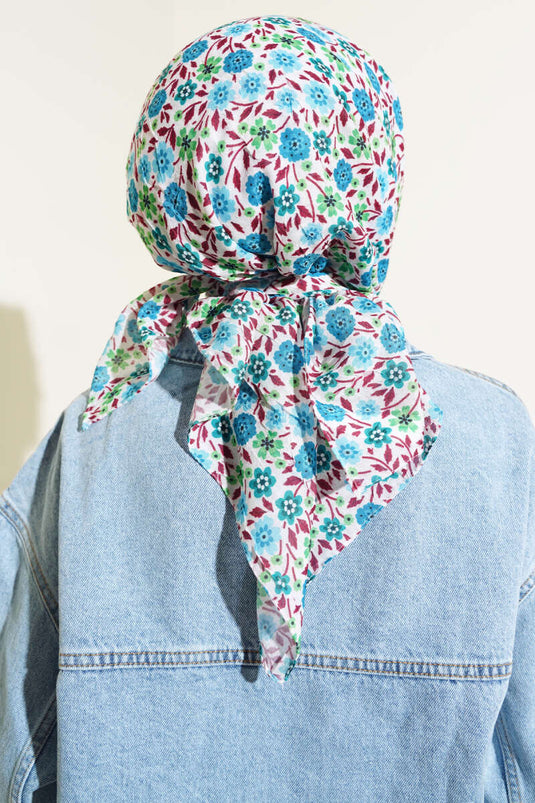 Çiçek Desenli Bambu Eşarp Turkuaz