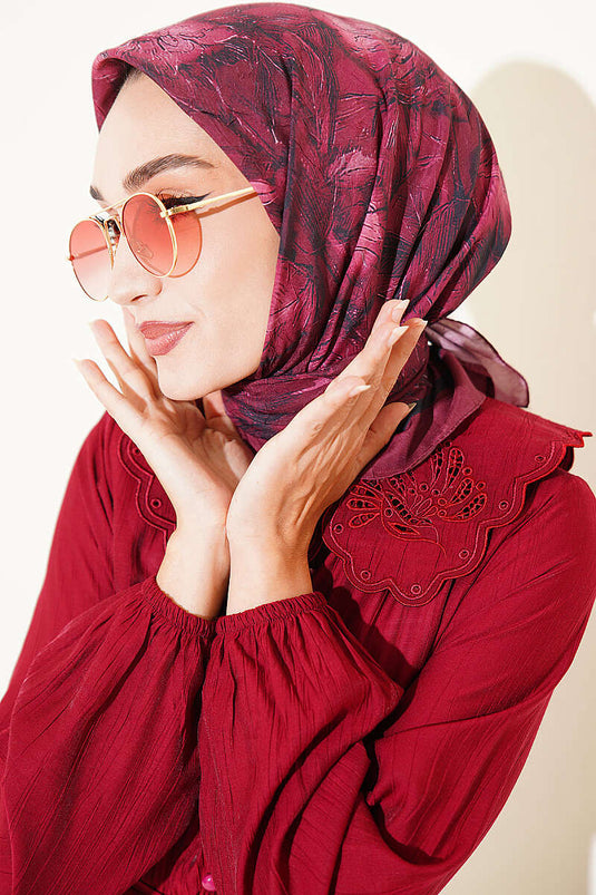 Çiçek Desenli Bambu Kraş Eşarp Bordo