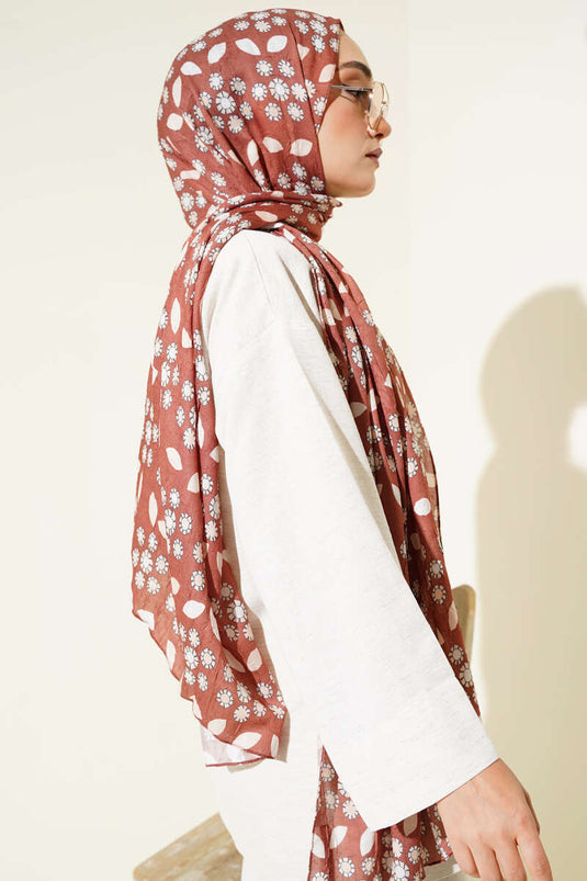 Çiçek Desenli Bambu Kraş Şal Açık Kahve