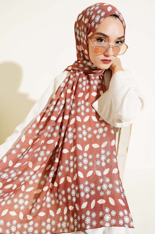 Çiçek Desenli Bambu Kraş Şal Açık Kahve