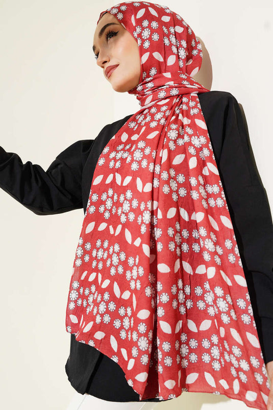 Çiçek Desenli Bambu Kraş Şal Kiremit