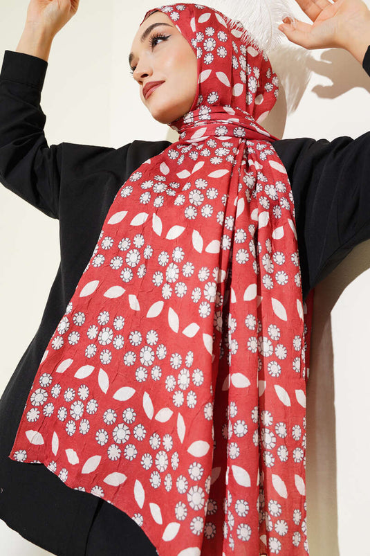 Çiçek Desenli Bambu Kraş Şal Kiremit