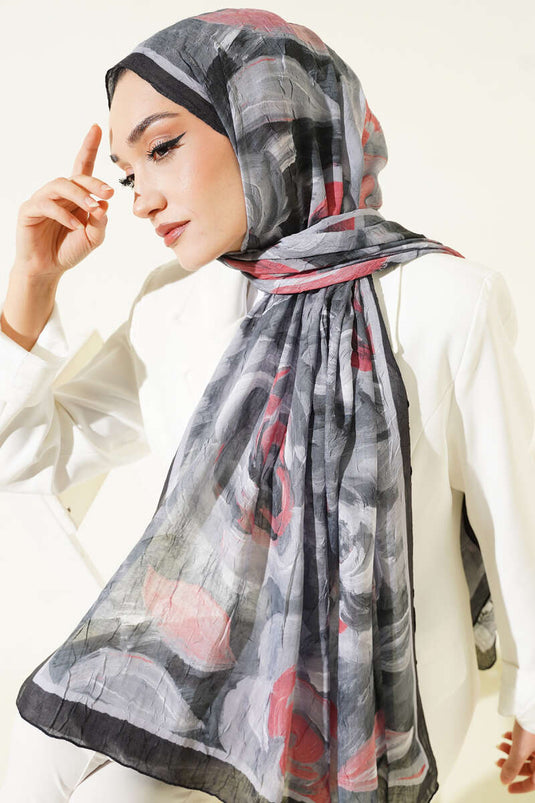 Châle froissé en bambou à motif floral noir