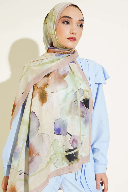 Châle en bambou beige à motifs floraux