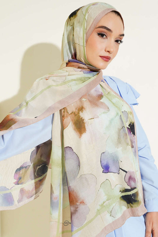 شال من الخيزران بنقشة زهور باللون البيج