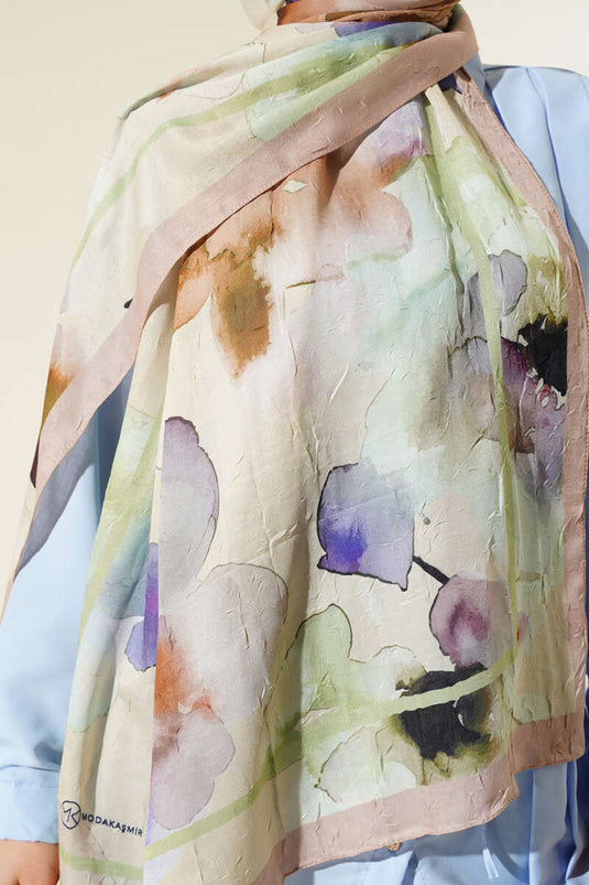 شال من الخيزران بنقشة زهور باللون البيج