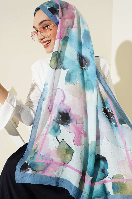 Çiçek Desenli Bambu Şal Mavi