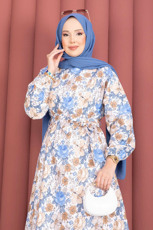 Indigo Dress with Floral Pattern, Gathered Waist, and Belt