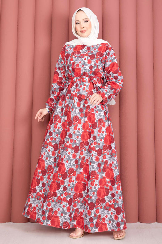 Red Dress with Floral Pattern, Gathered Waist, and Belt