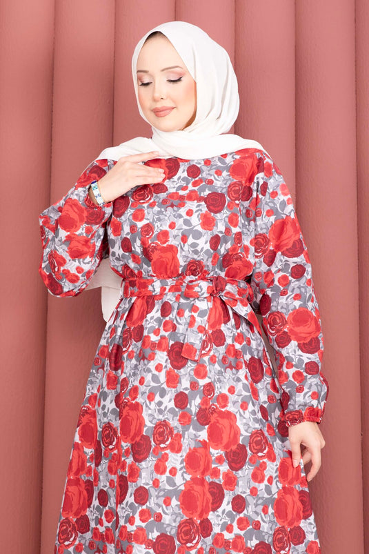 Red Dress with Floral Pattern, Gathered Waist, and Belt