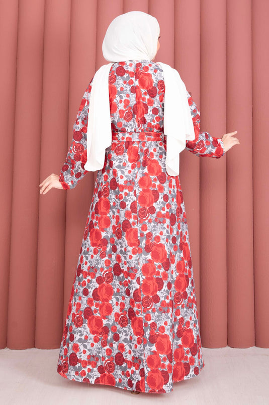 Rotes Kleid mit Blumenmuster, gerafftem Bund und Gürtel