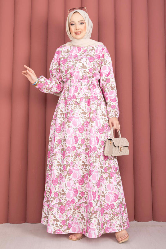 Roze jurk met bloemenprint, taille met trekkoord en ceintuur