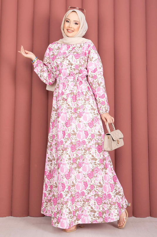 Pink Dress with Floral Pattern, Gathered Waist, and Belt