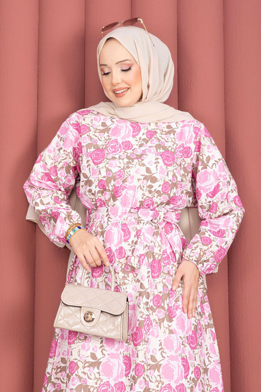 Pink Dress with Floral Pattern, Gathered Waist, and Belt