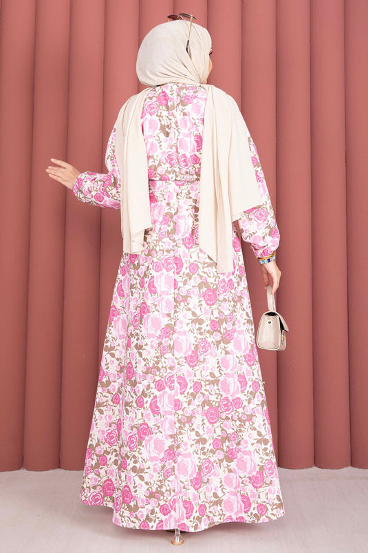 Roze jurk met bloemenprint, taille met trekkoord en ceintuur