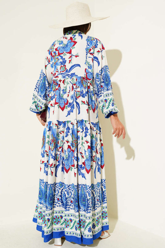 Çiçek Desenli Bilek Lastikli Elbise Saks