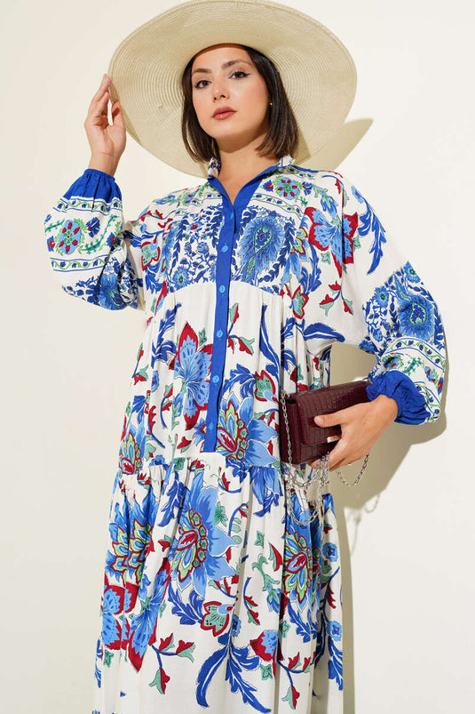 Çiçek Desenli Bilek Lastikli Elbise Saks